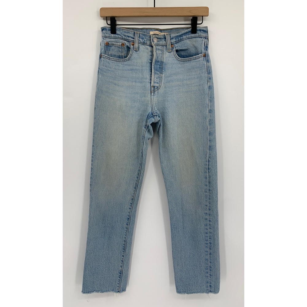 Levis Wedgie Straight Jeans Womens 26 Blue Mud Wash Button Fly Raw Hem